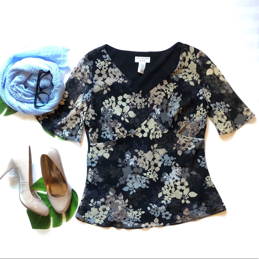 100% Polyester Black Blouse with Flower Patterns